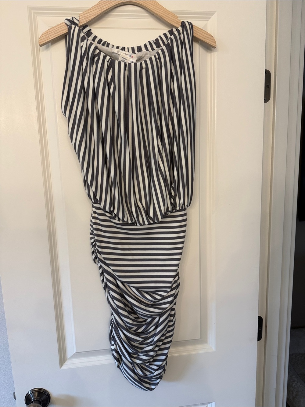 Studio M Grey and White Ruched Striped Dress